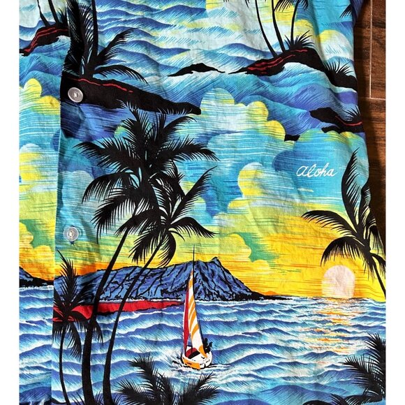 Royal Creations Men’s Hawaiian Shirt XL Blue Sailboat Sunset Tropical Floral - Picture 4 of 10